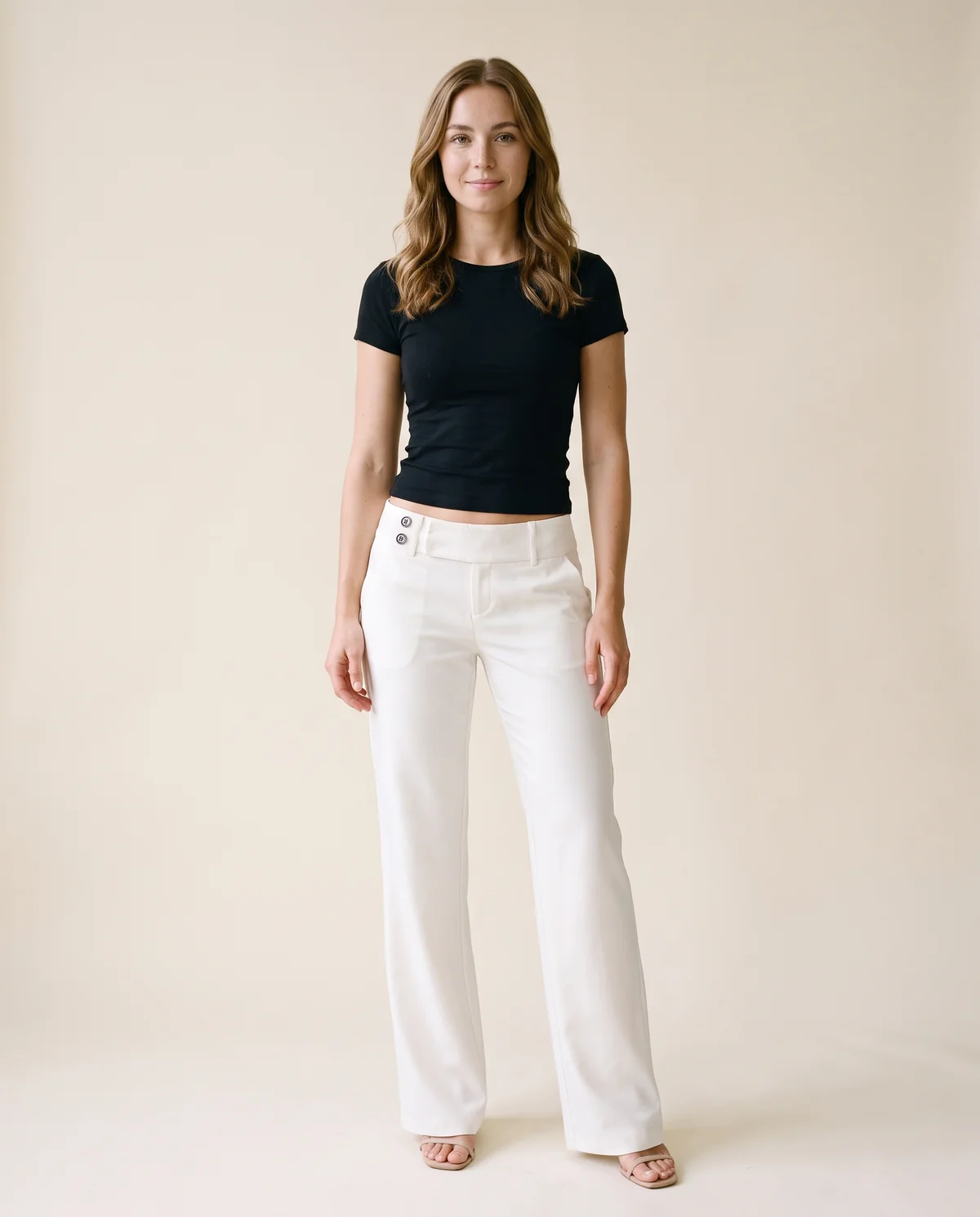 Low-Rise Tailored Wide-Leg Trousers in White, front view, worn by Ava