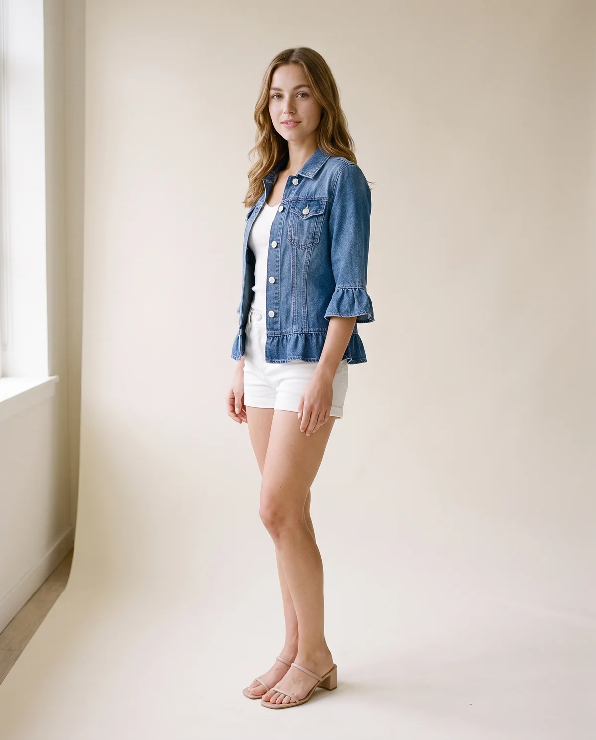 Ruffle-Sleeve Denim Jacket in Mid Blue, side view, worn by Ava