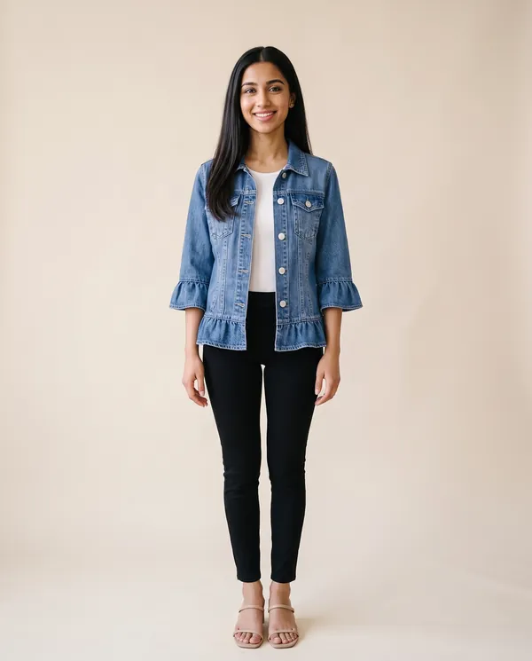 Ruffle-Sleeve Denim Jacket in Mid Blue, front view, worn by Priya