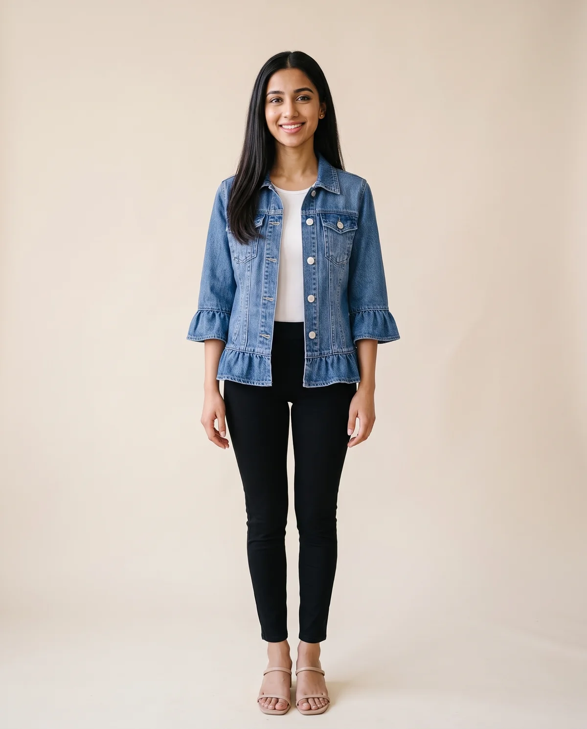 Ruffle-Sleeve Denim Jacket in Mid Blue, front view, worn by Priya
