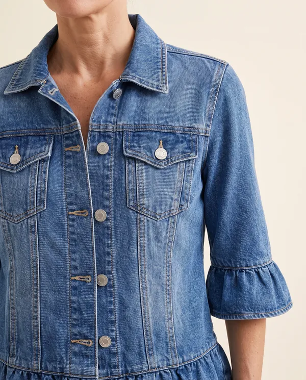 Ruffle-Sleeve Denim Jacket in Mid Blue, close-up of the detail