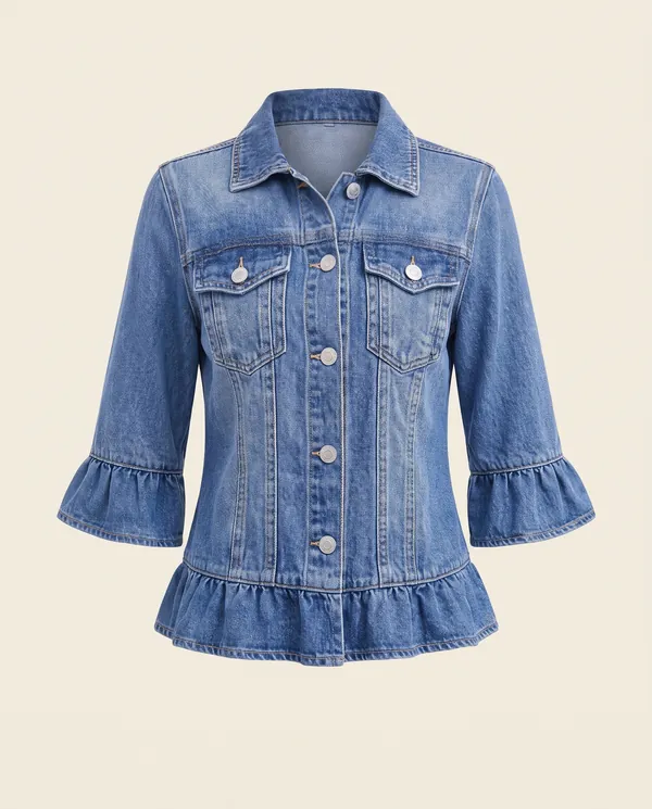 Ruffle-Sleeve Denim Jacket in Mid Blue, product shot on a plain background