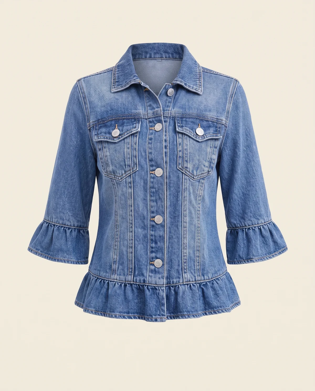 Ruffle-Sleeve Denim Jacket in Mid Blue, product shot on a plain background