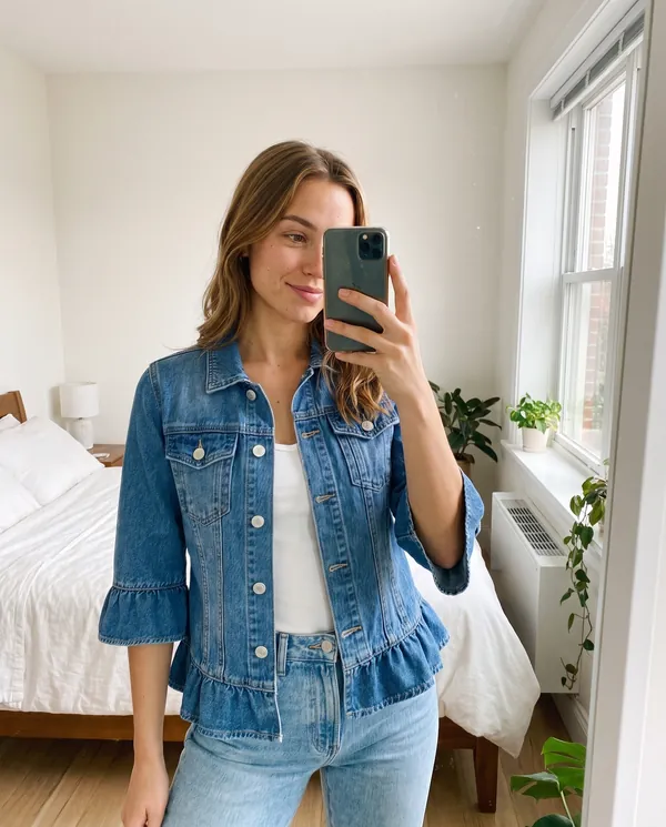 Satin Eve styling: Ruffle-Sleeve Denim Jacket