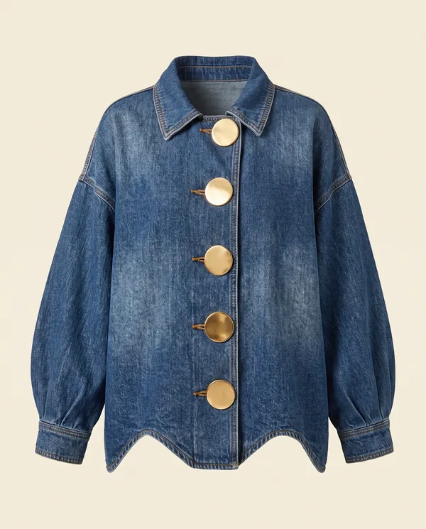 Denim Jacket with Large Gold Buttons in Mid Blue, product shot on a plain background
