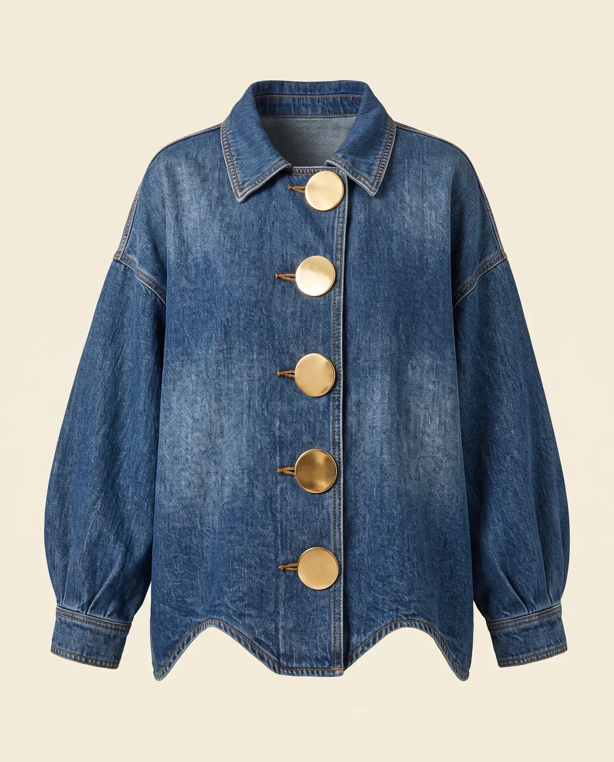 Denim Jacket with Large Gold Buttons in Mid Blue, product shot on a plain background