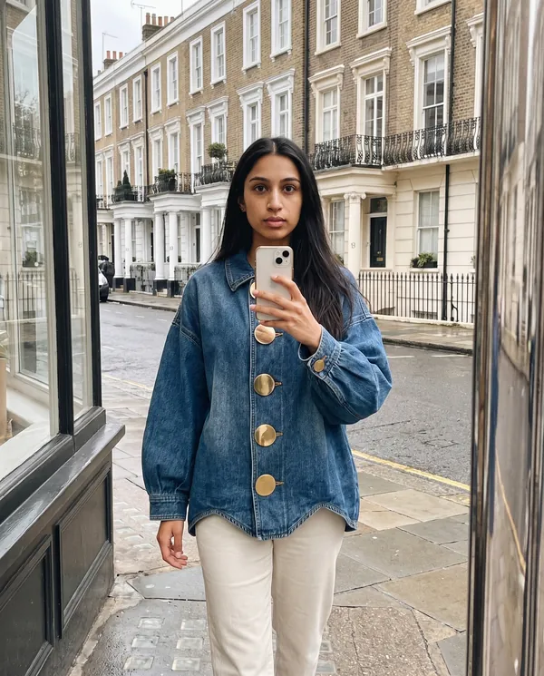 Satin Eve styling: Denim Jacket with Large Gold Buttons