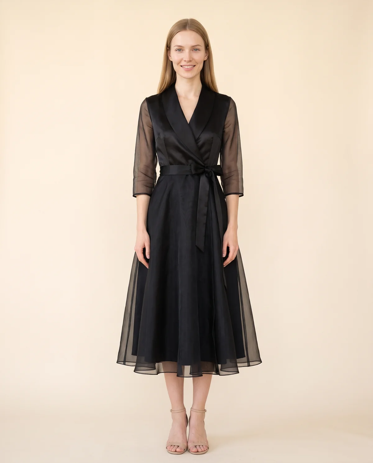 Satin and Organza Wrap Midi Dress in Black, front view, worn by Maya