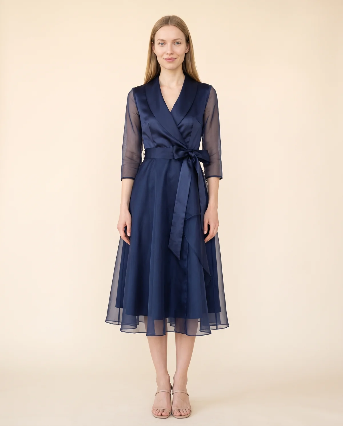 Satin and Organza Wrap Midi Dress in Navy, front view, worn by Maya