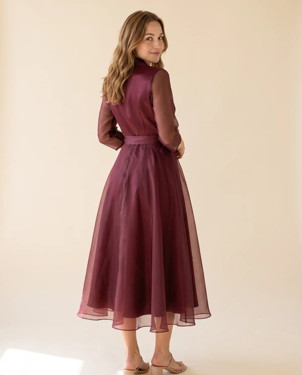 Satin and Organza Wrap Midi Dress in Wine, back view, worn by Ava