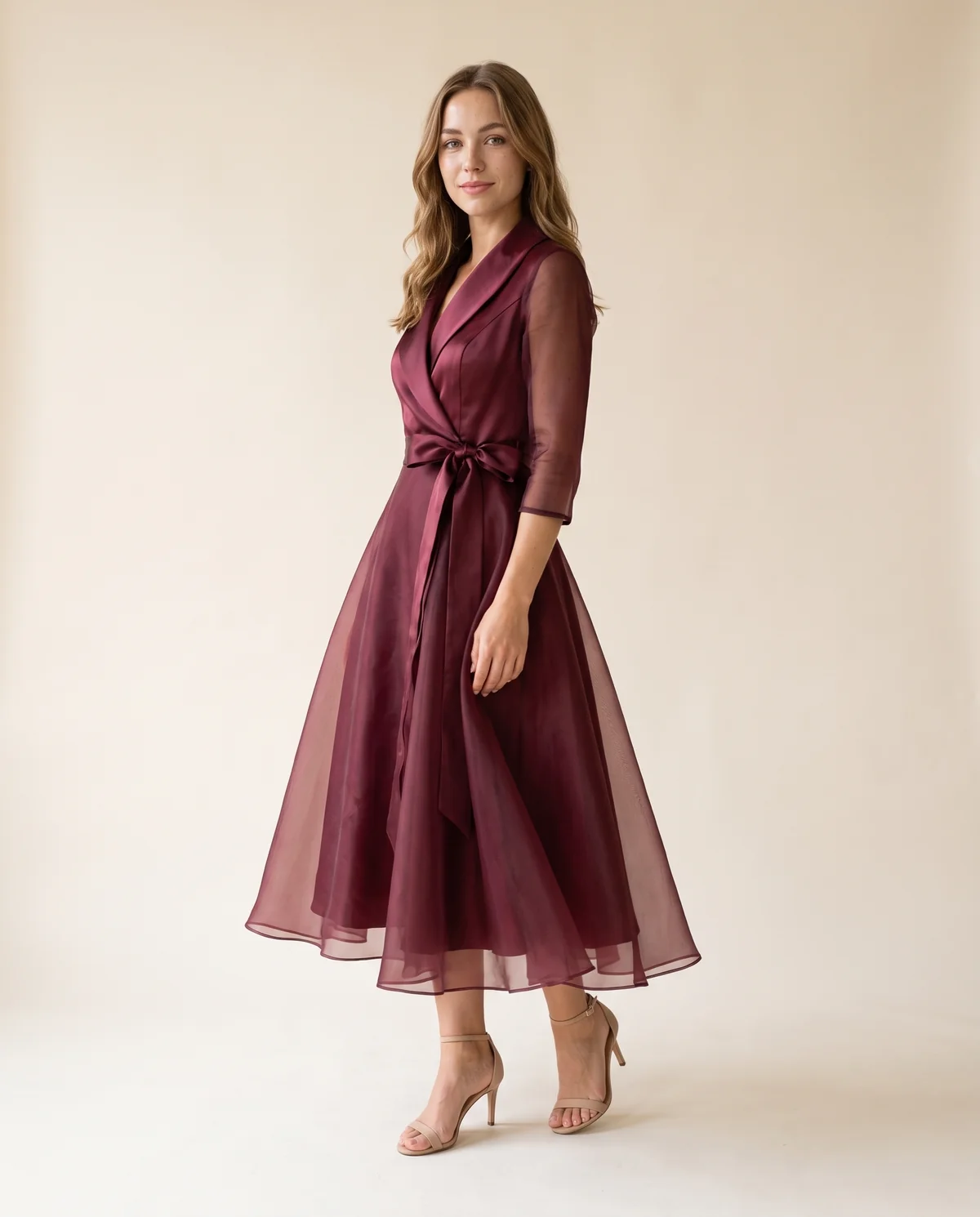 Satin and Organza Wrap Midi Dress in Wine, side view, worn by Ava