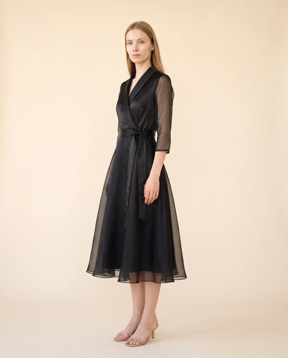 Satin and Organza Wrap Midi Dress in Black, side view, worn by Maya