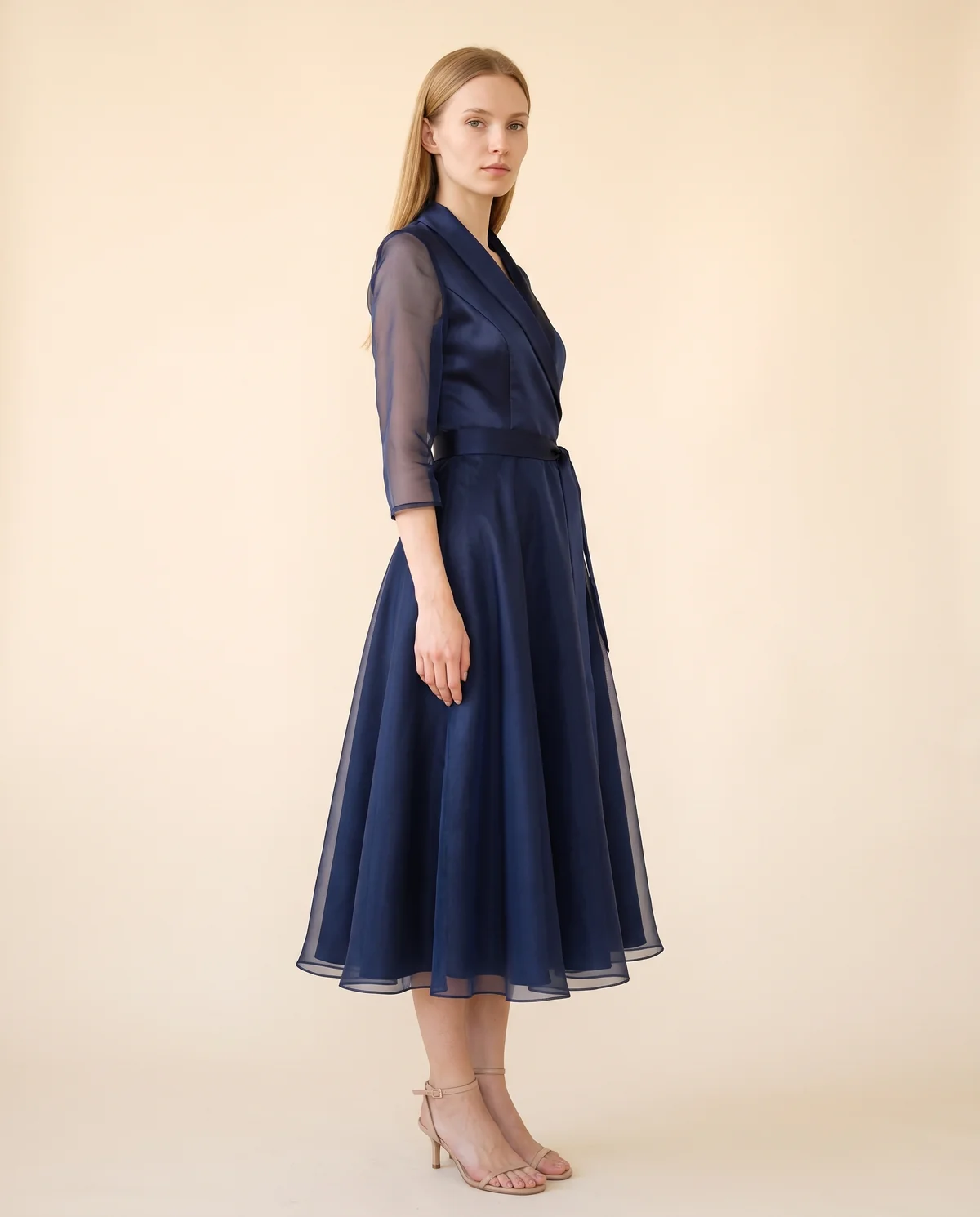 Satin and Organza Wrap Midi Dress in Navy, side view, worn by Maya