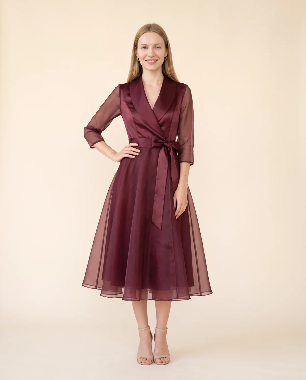 Satin and Organza Wrap Midi Dress in Wine, front view, worn by Maya
