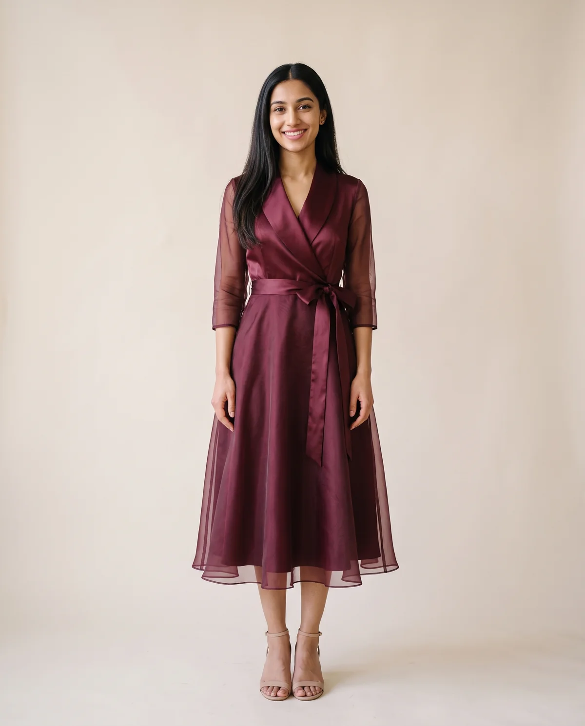 Satin and Organza Wrap Midi Dress in Wine, front view, worn by Priya