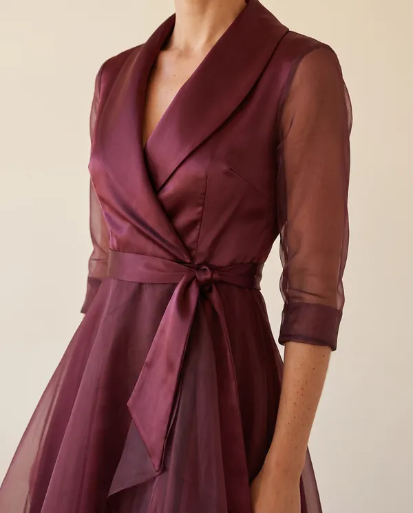 Satin and Organza Wrap Midi Dress in Wine, close-up of the detail