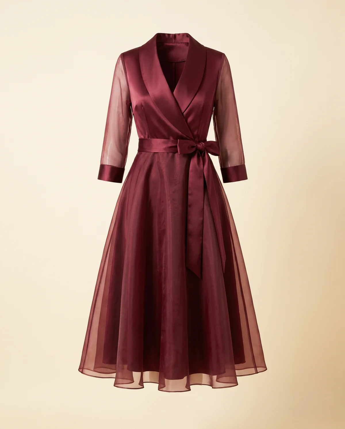 Satin and Organza Wrap Midi Dress in Wine, product shot on a plain background