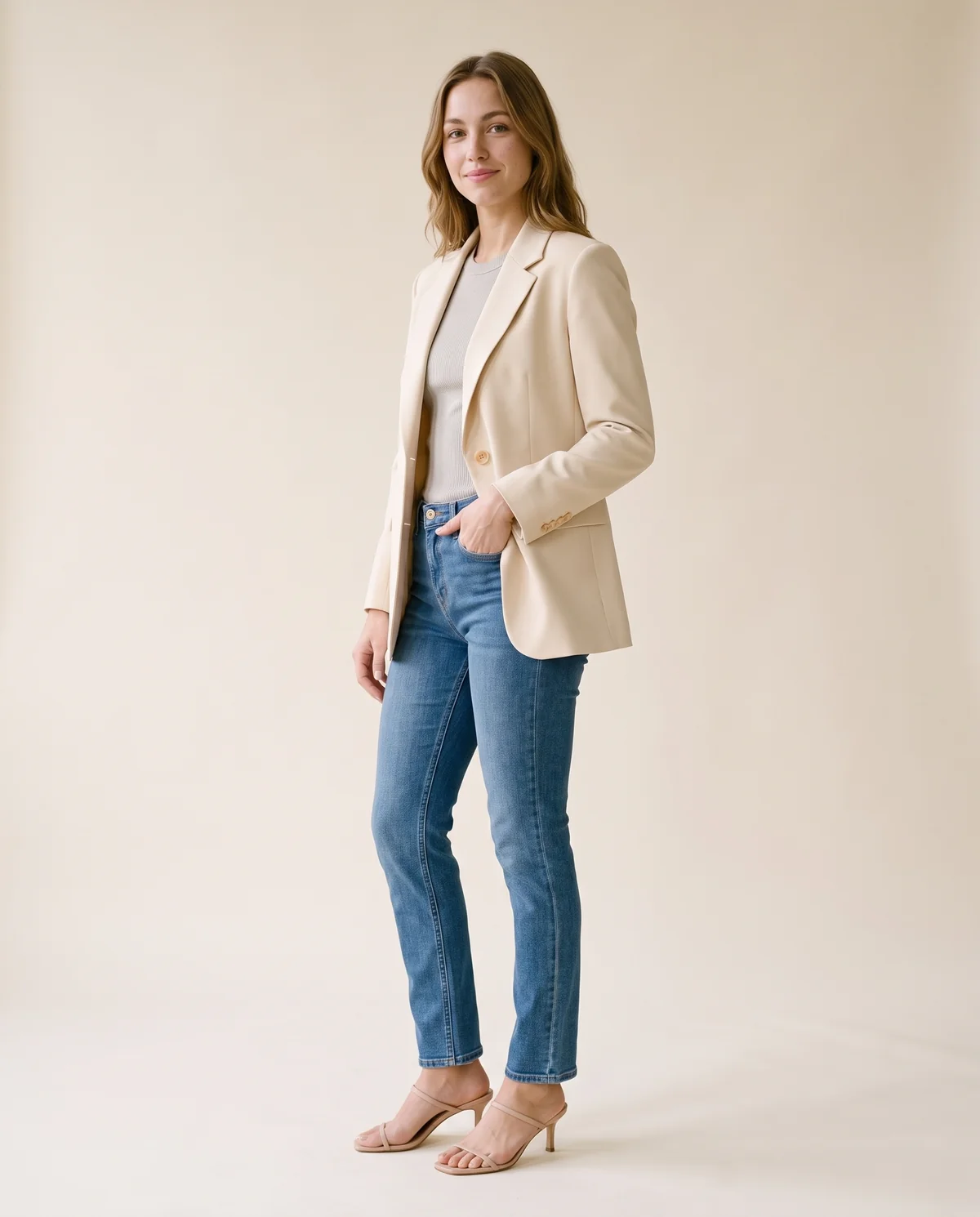 Tailored Single-Breasted Blazer in Cream, side view, worn by Ava