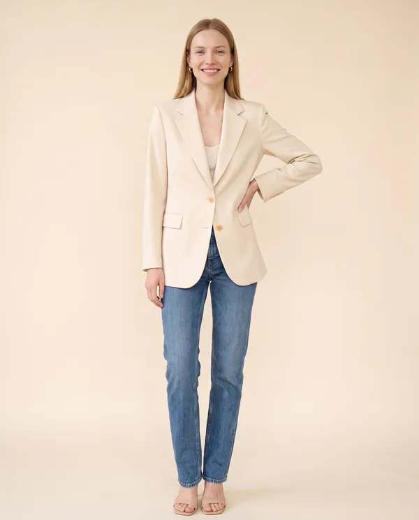 Tailored Single-Breasted Blazer in Cream, front view, worn by Maya