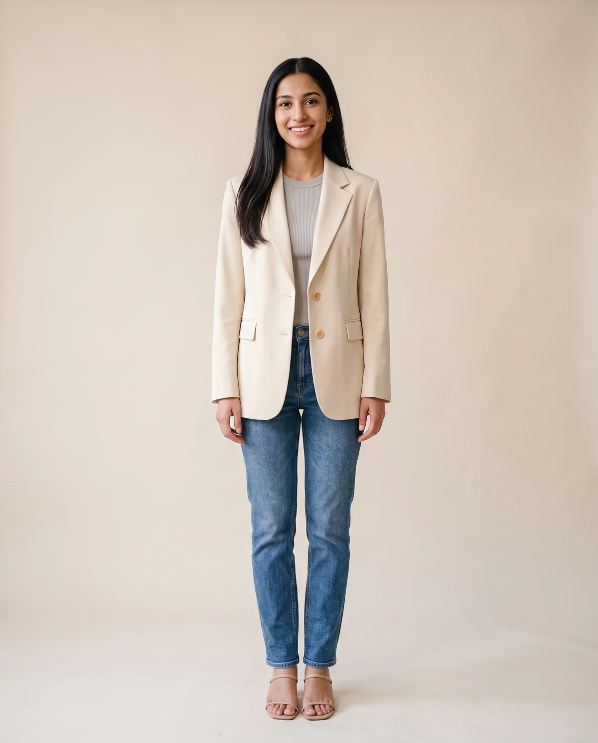 Tailored Single-Breasted Blazer in Cream, front view, worn by Priya