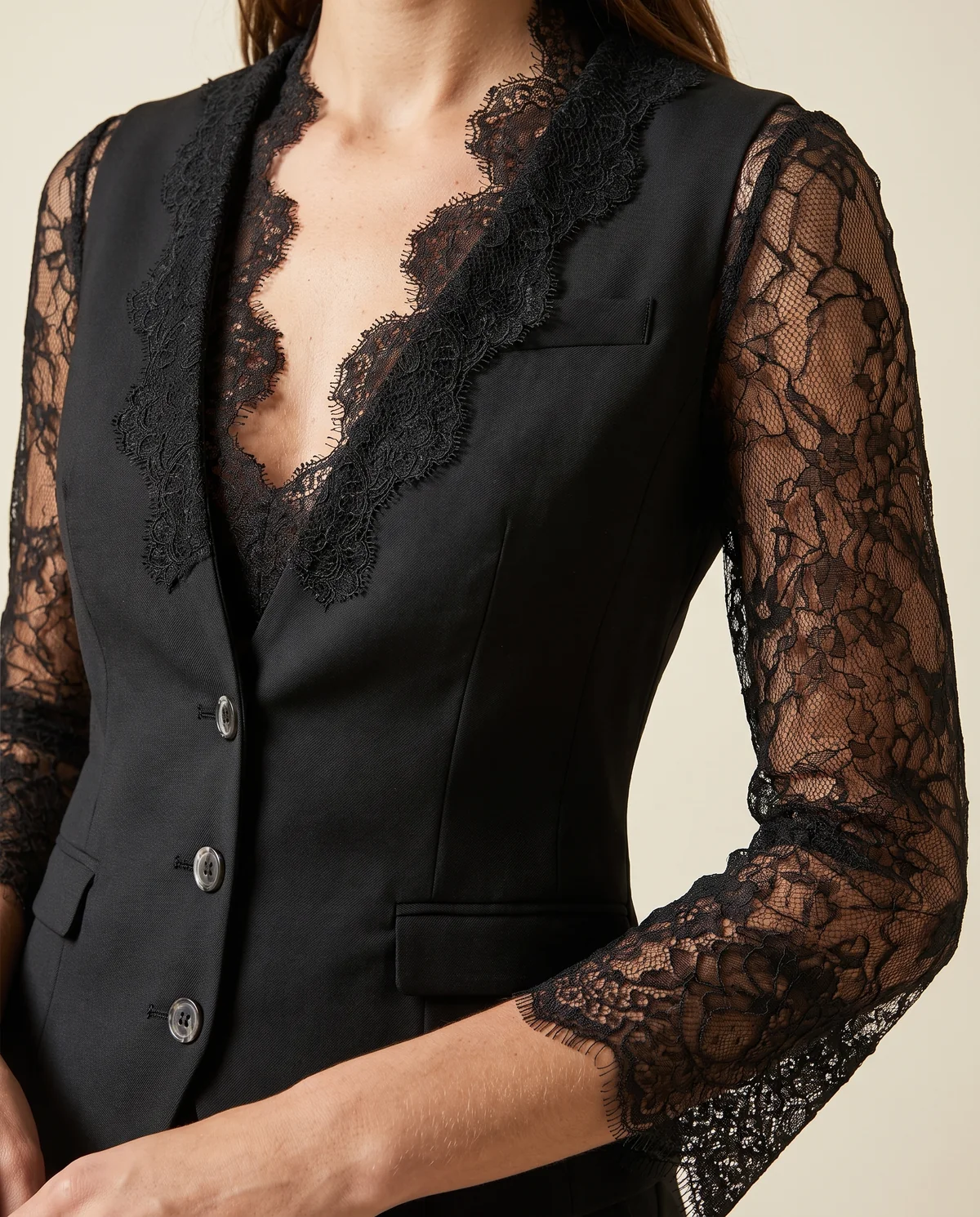 Lace-Sleeve Fitted Blazer in Black, close-up of the detail