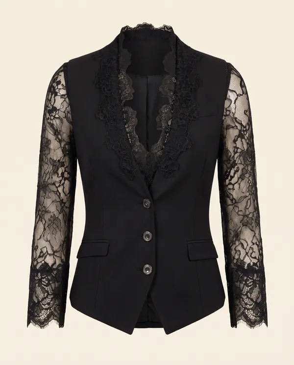 Lace-Sleeve Fitted Blazer in Black, product shot on a plain background
