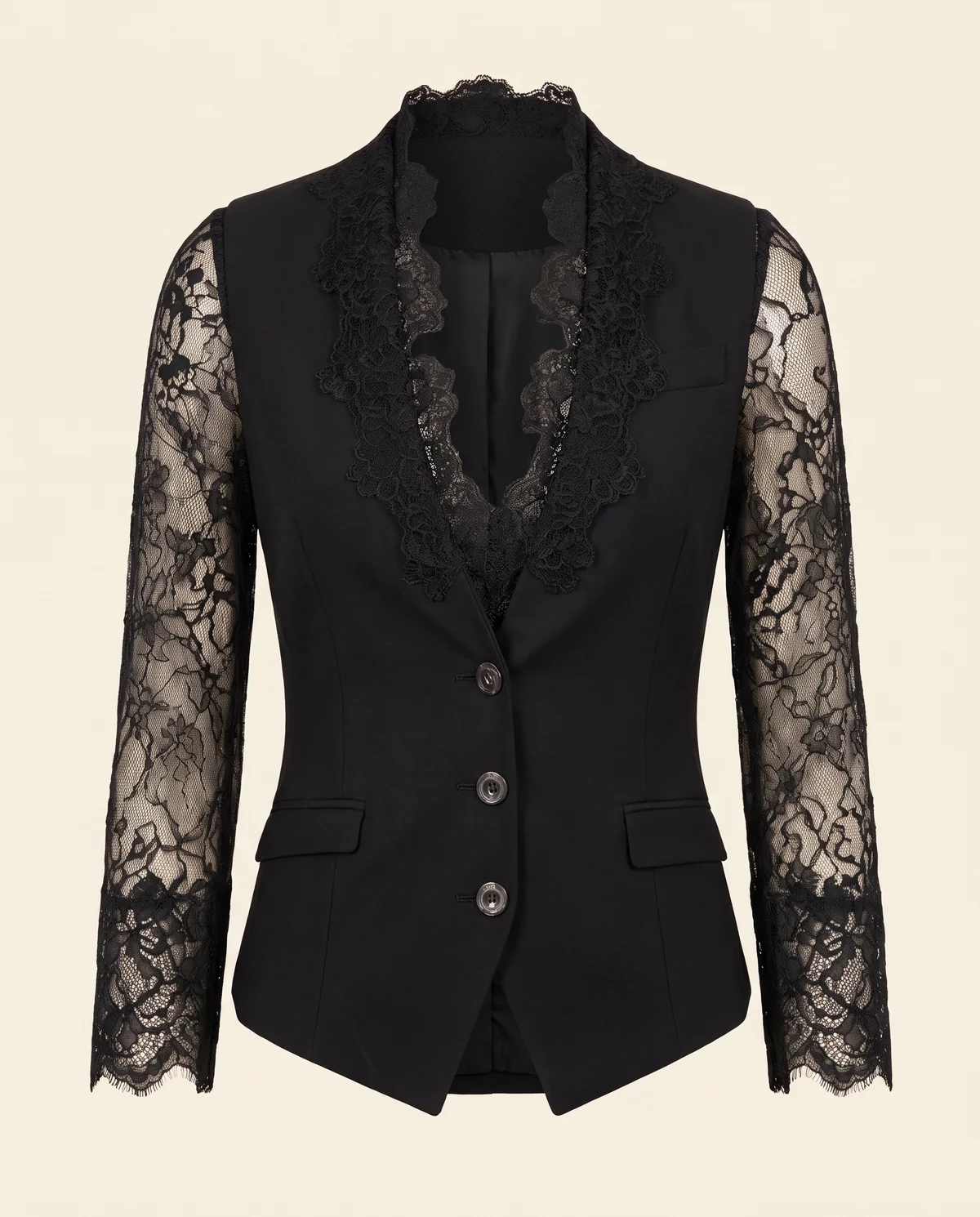 Lace-Sleeve Fitted Blazer in Black, product shot on a plain background