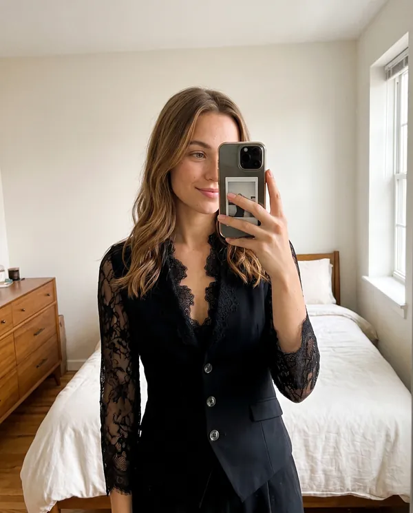 Satin Eve styling: Lace-Sleeve Fitted Blazer