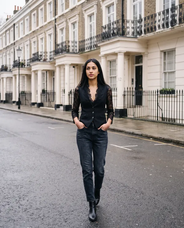 Satin Eve styling: Lace-Sleeve Fitted Blazer