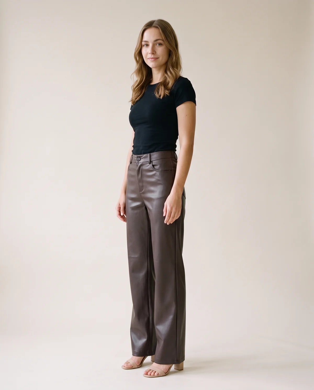 Faux Leather Wide-Leg Trousers in Chocolate, side view, worn by Ava