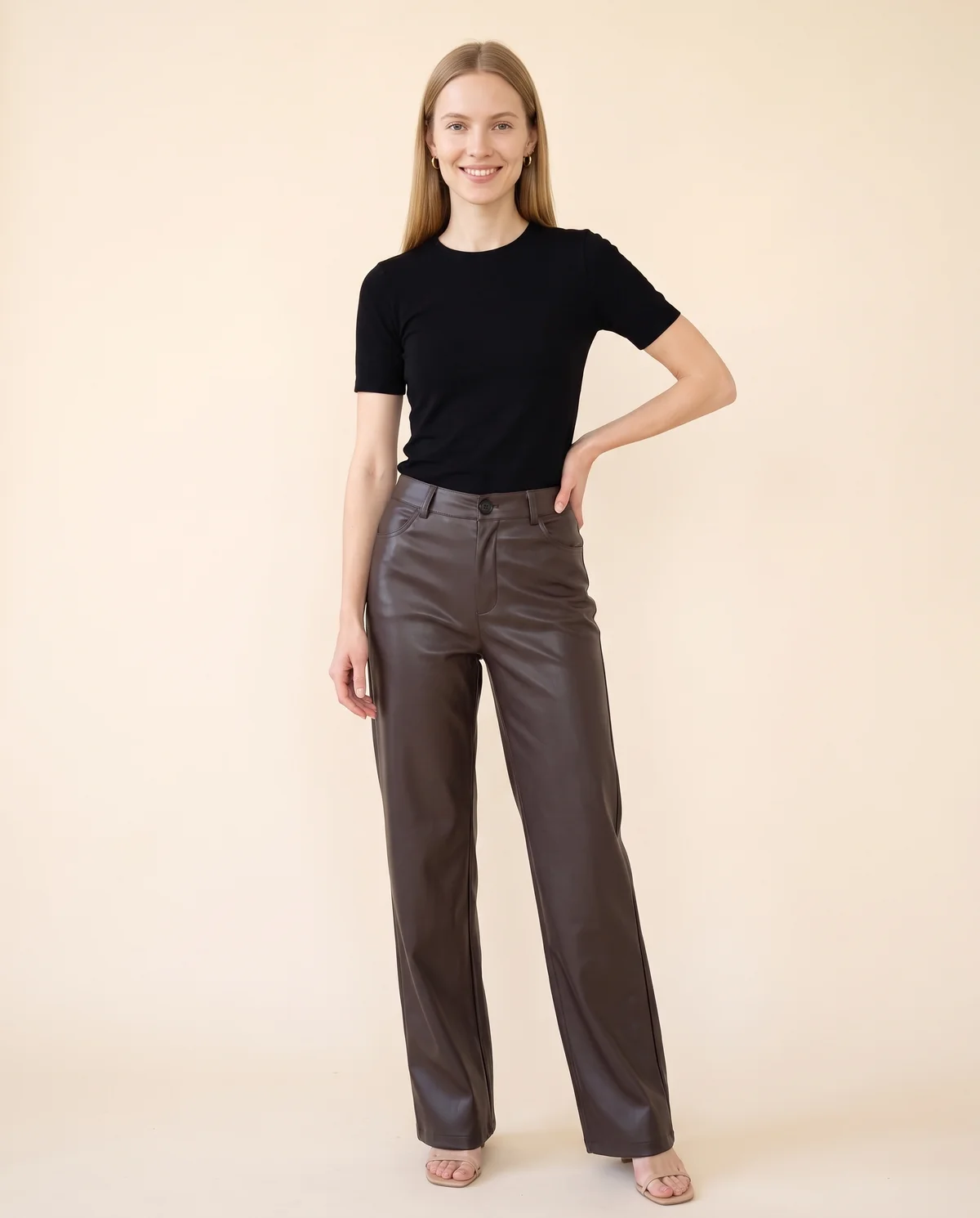 Faux Leather Wide-Leg Trousers in Chocolate, front view, worn by Maya