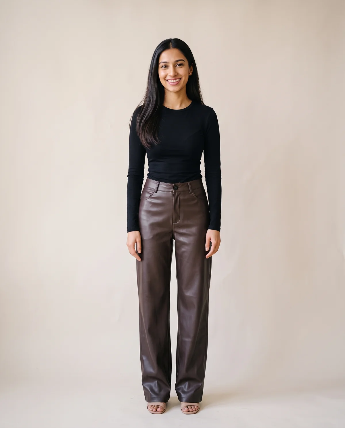 Faux Leather Wide-Leg Trousers in Chocolate, front view, worn by Priya
