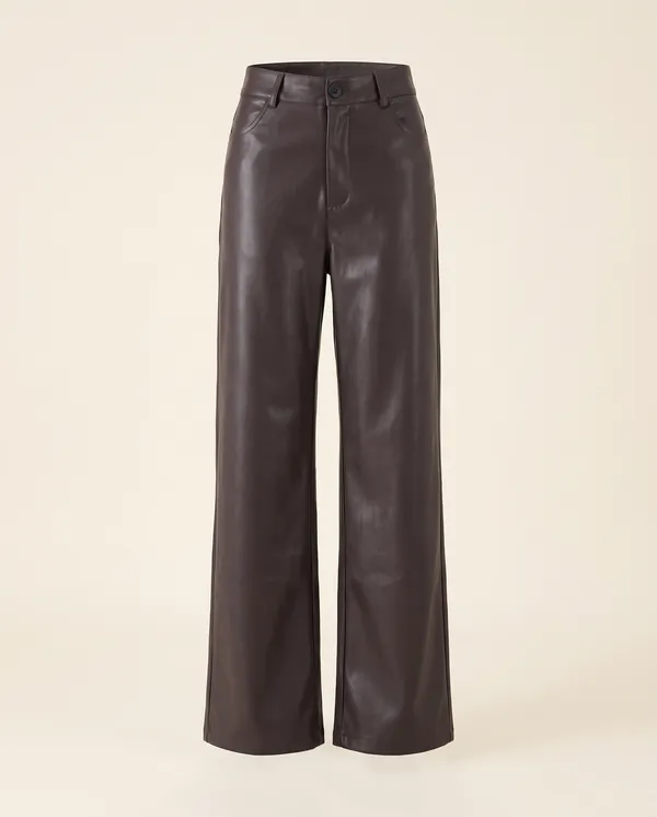 Faux Leather Wide-Leg Trousers in Chocolate, product shot on a plain background