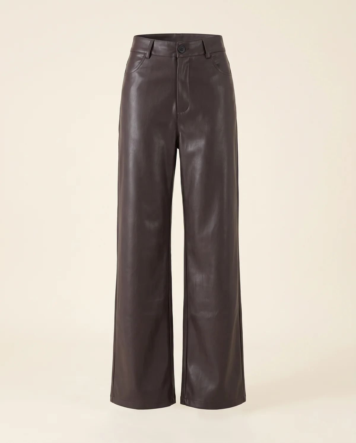 Faux Leather Wide-Leg Trousers in Chocolate, product shot on a plain background