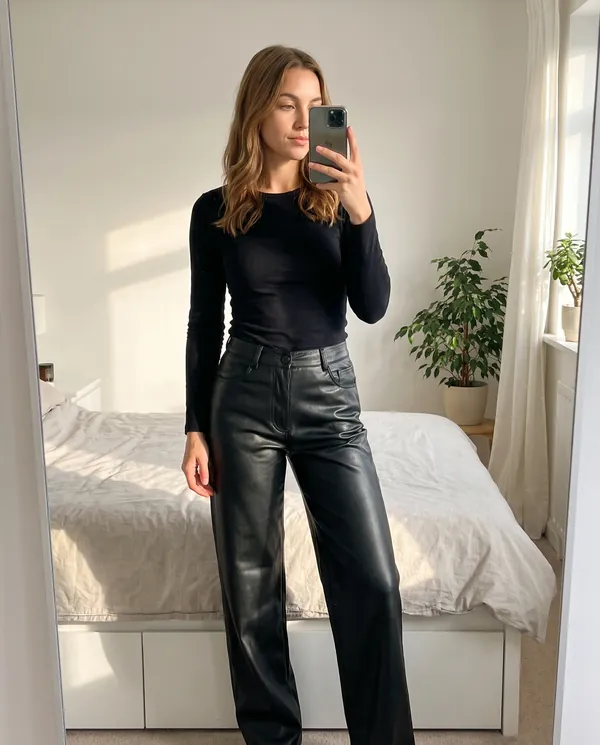 Satin Eve styling: Faux Leather Wide-Leg Trousers