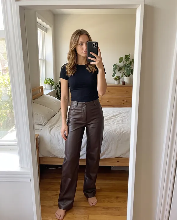 Satin Eve styling: Faux Leather Wide-Leg Trousers