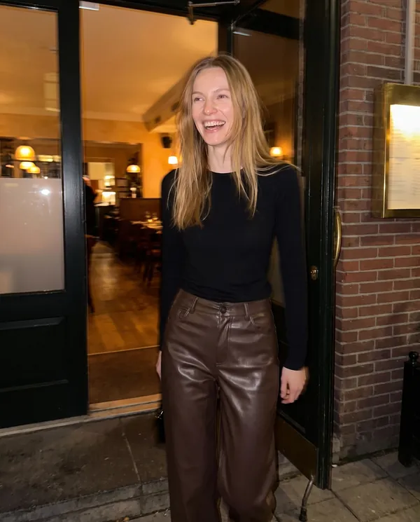 Satin Eve styling: Faux Leather Wide-Leg Trousers