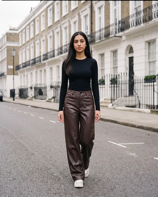Satin Eve styling: Faux Leather Wide-Leg Trousers