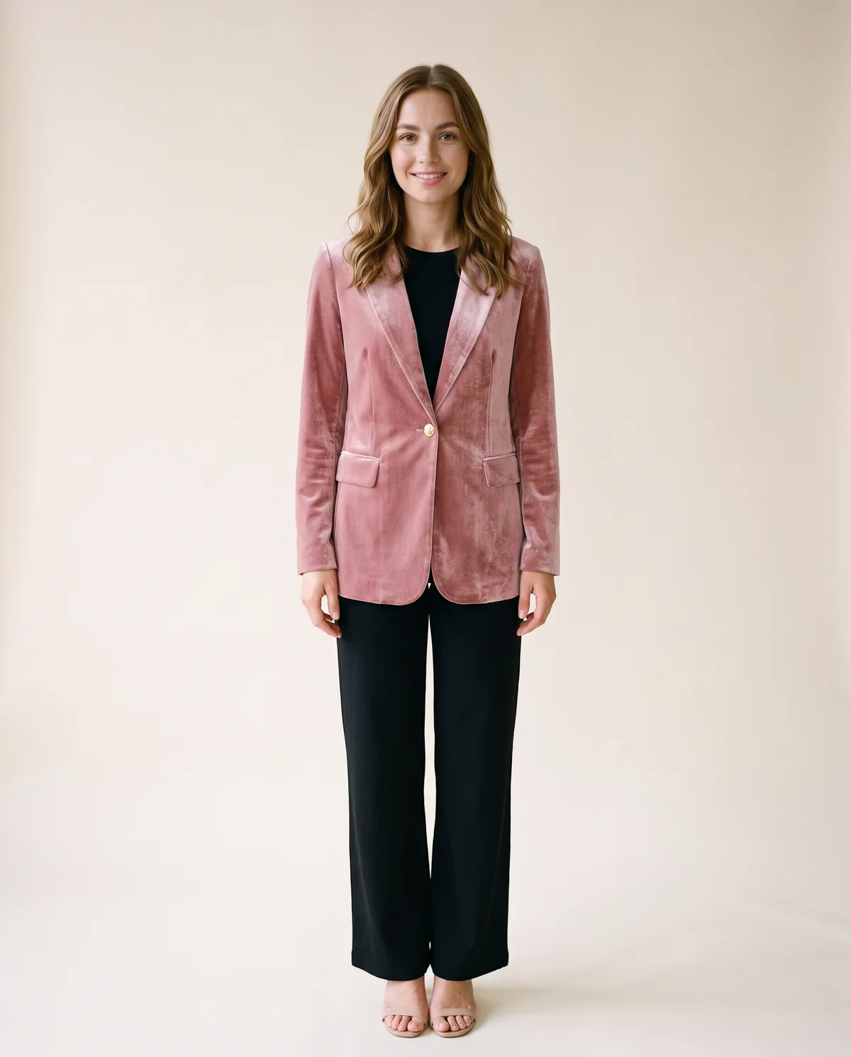 Velvet Single-Button Blazer in Dusty Pink, front view, worn by Ava