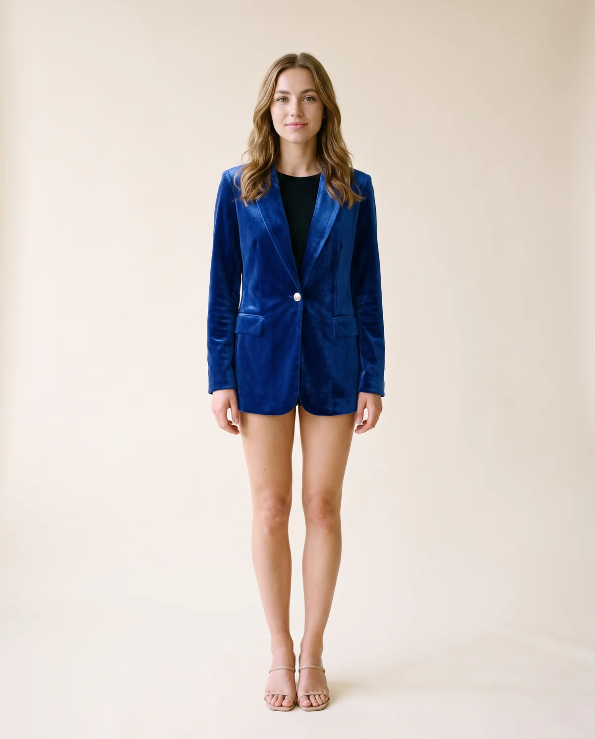 Velvet Single-Button Blazer in Royal Blue, front view, worn by Ava