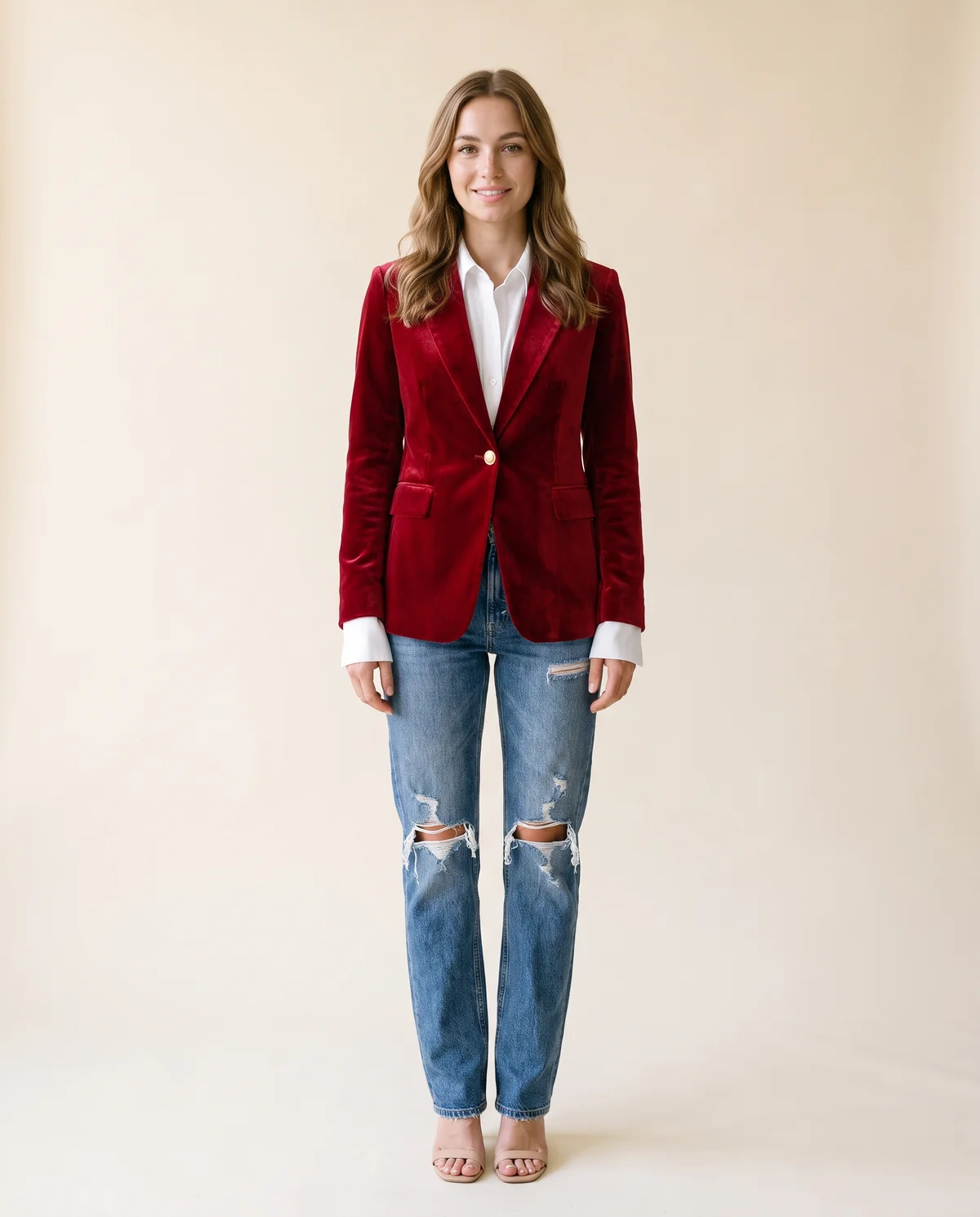 Velvet Single-Button Blazer in Ruby Red, front view, worn by Ava