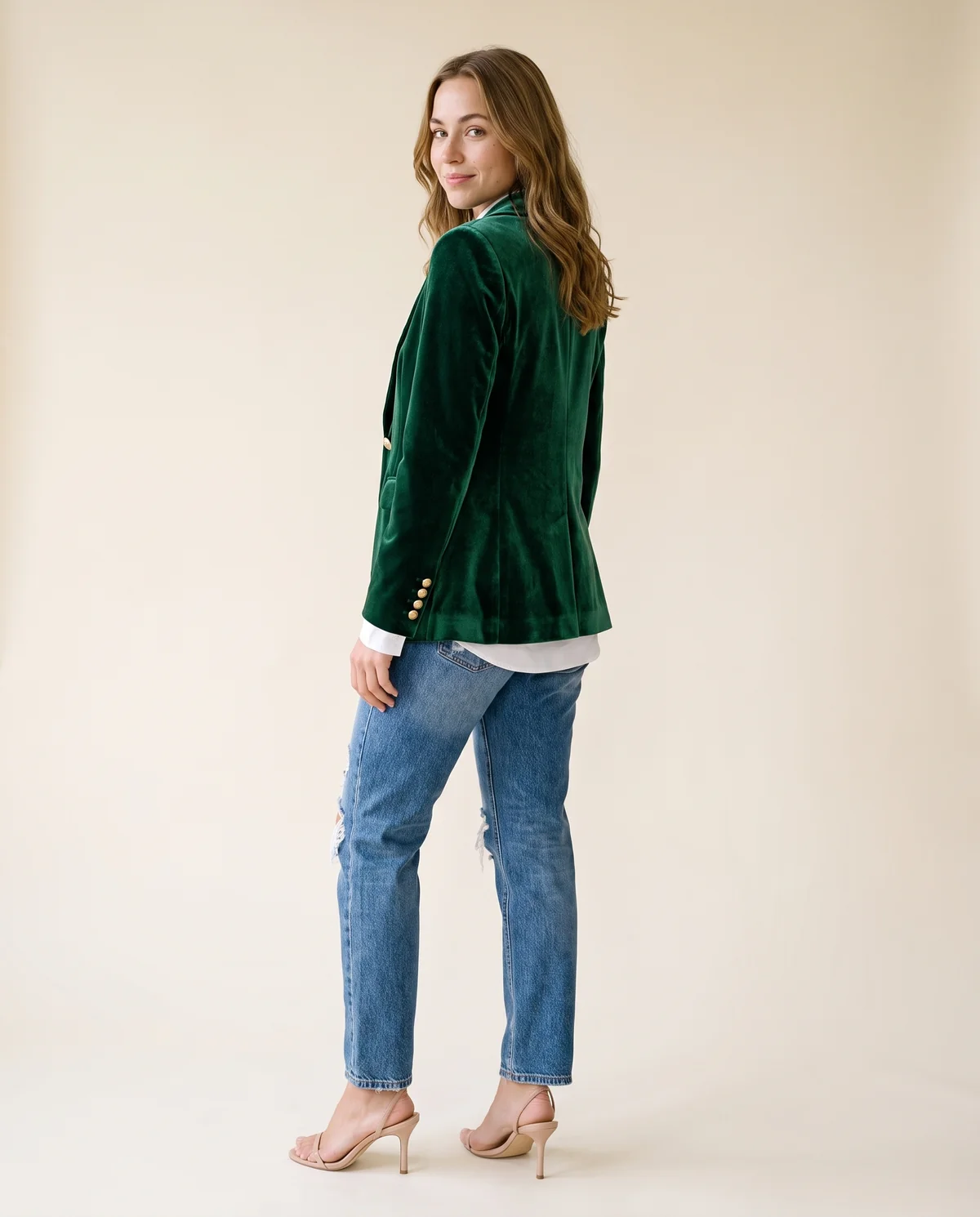 Velvet Single-Button Blazer in Emerald, back view, worn by Ava