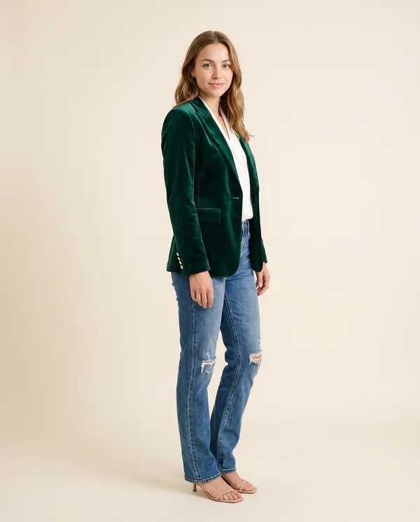 Velvet Single-Button Blazer in Emerald, side view, worn by Ava