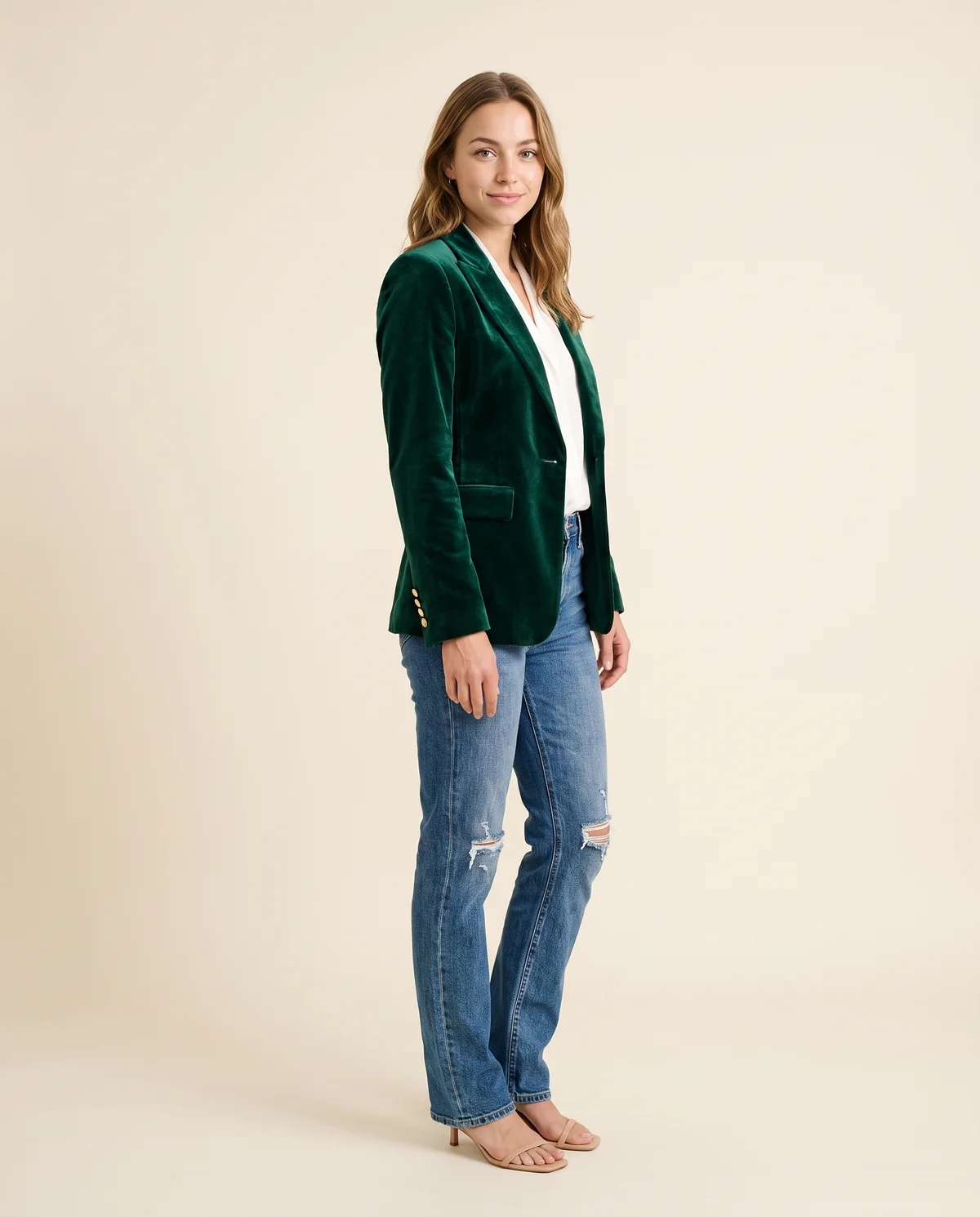 Velvet Single-Button Blazer in Emerald, side view, worn by Ava