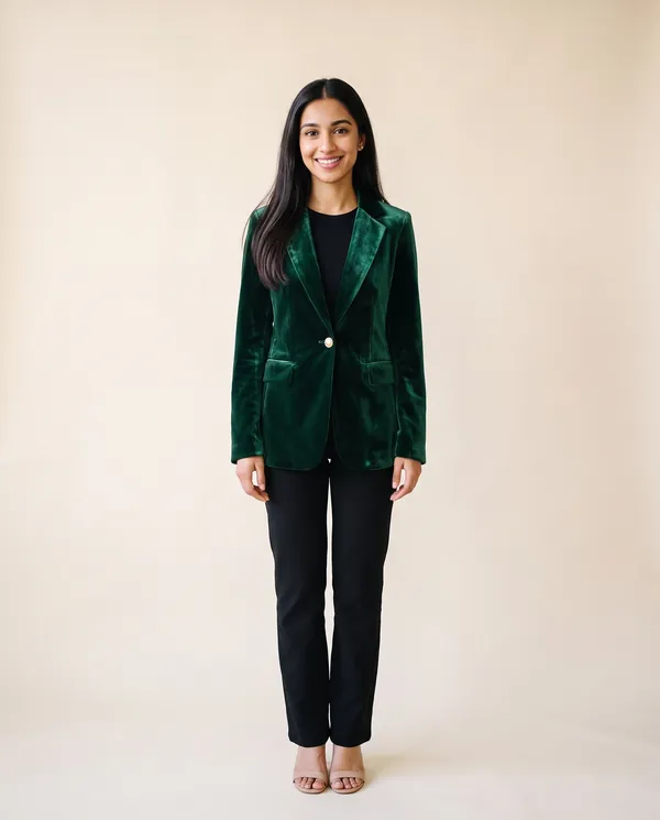 Velvet Single-Button Blazer in Emerald, front view, worn by Priya