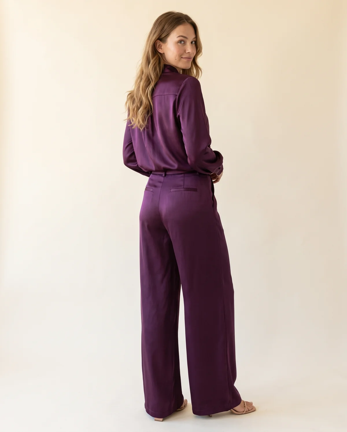 Satin Stand-Collar Shirt and Wide-Leg Trouser Set in Plum, back view, worn by Ava
