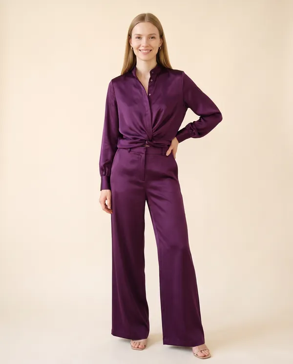 Satin Stand-Collar Shirt and Wide-Leg Trouser Set in Plum, front view, worn by Maya