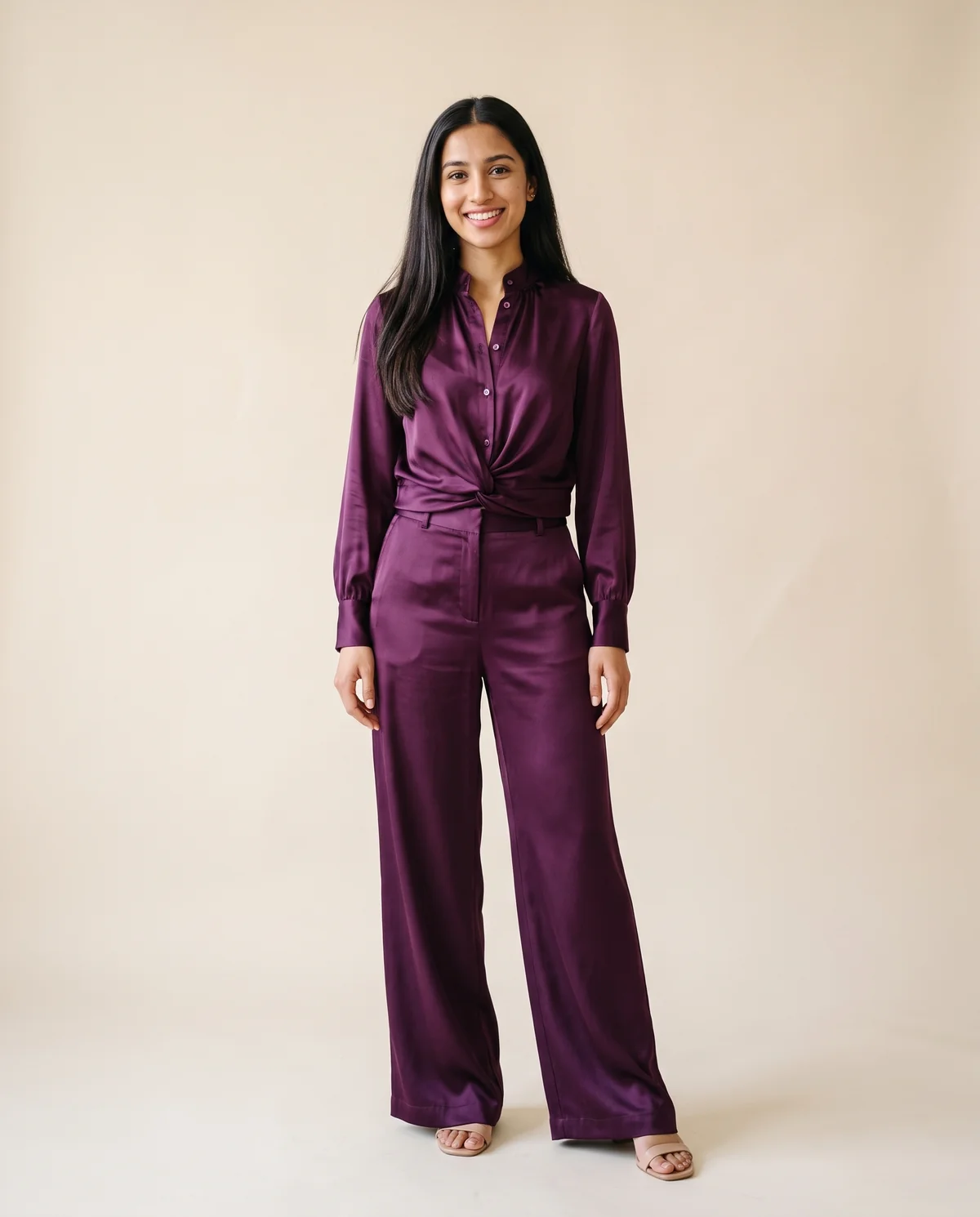 Satin Stand-Collar Shirt and Wide-Leg Trouser Set in Plum, front view, worn by Priya