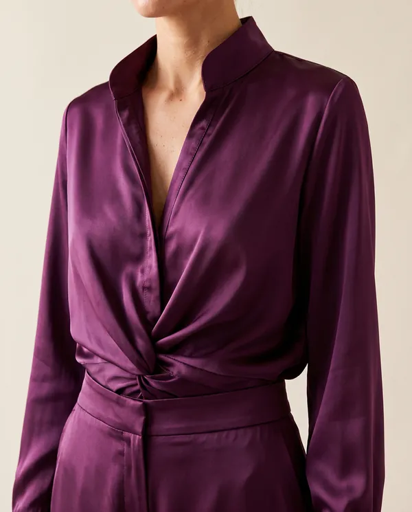 Satin Stand-Collar Shirt and Wide-Leg Trouser Set in Plum, close-up of the detail