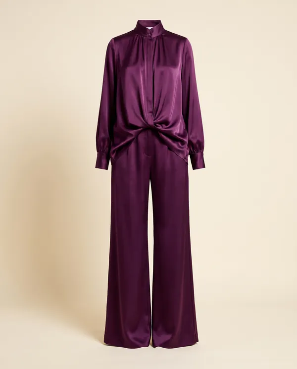 Satin Stand-Collar Shirt and Wide-Leg Trouser Set in Plum, product shot on a plain background